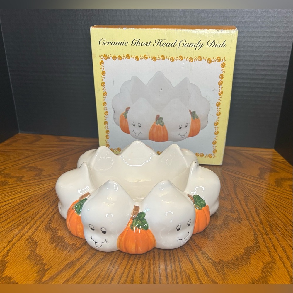 Halloween Ceramic Happy Ghost Head Candy Dish Bowl Basket Pumpkins Retro
